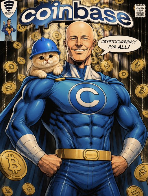 A muscular superhero version of Coinbase CEO Brian Armstrong stands with a speech bubble declaring "Cryptocurrency for all!" surrounded by floating Bitcoin and Ethereum coins, with a small cat wearing a blue hard hat perched on his shoulder. The image is a playful nod to Armstrong's well-known "Laser Eyes" profile picture era, reimagined with the Basecat mascot to promote Coinbase's Base network.