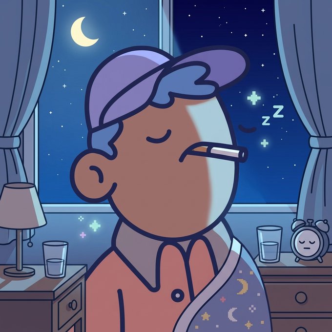 A cartoon illustration shows a person wearing a purple sleeping cap, with a thermometer in their mouth and 'Zzz' floating nearby, suggesting they are sick and resting at night.