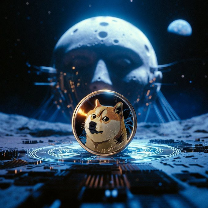 A digital artwork features a Shiba Inu dog meme displayed inside a glowing circular portal, set against a sci-fi backdrop with a large moon and futuristic cityscape.