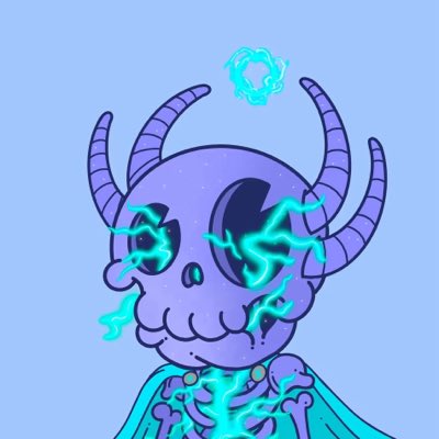 A digital illustration of a purple skeletal figure with horns, featuring glowing cyan energy and tears emitting from its eyes and chest, set against a light blue background.