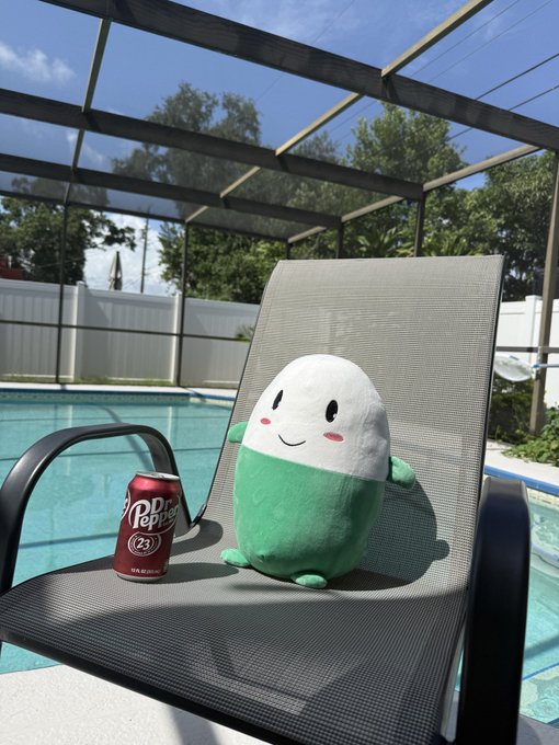 A plush toy with a white top and green bottom sits on a pool chair next to a can of Dr. Pepper (23).