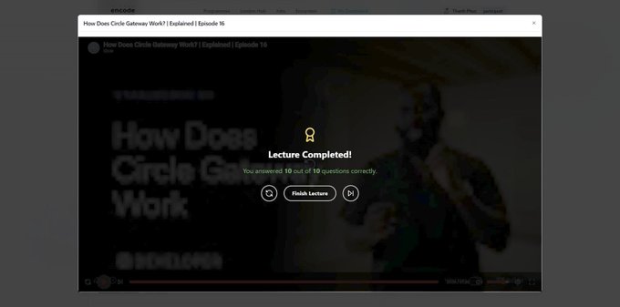 Screenshot of a video lecture 'How Does Circle Gateway Work? | Explained | Episode 16' by BeInCrypto, showing a 'Lecture Completed!' notification with 10 out of 10 questions answered correctly.