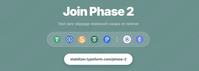 A promotional banner invites users to "Join Phase 2" and "Test zero slippage stablecoin swaps on testnet," featuring logos of supported stablecoins (USDT, USDC, USDS, TUSD, PYUSD, USDM, and ETH) alongside the application link "stabilizer.typeform.com/phase-2."