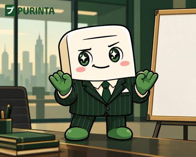A cheerful mascot shaped like a white block with a smiling face stands on a desk in a green pinstripe suit and tie, gesturing toward a blank whiteboard in a city-view office. The "PURINTA" logo appears in the top-left corner, tying the image to the post's message about using memecoins as collateral to borrow against rather than letting them sit idle.