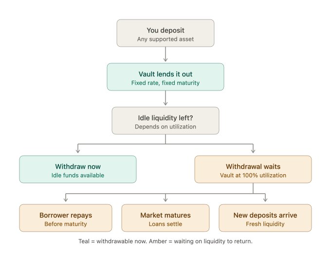 A flowchart explaining a vault lending process, showing deposits being lent out at fixed rates with withdrawal options depending on liquidity: 'Withdraw now' (teal) for idle funds, or 'Withdrawal waits' (amber) if at 100% utilization, until borrower repayment, market maturity, or new deposits.