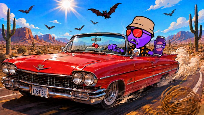An illustrated cartoon scene of a purple character wearing sunglasses and a bucket hat driving a red convertible Cadillac with a 'LOSTIES' license plate through a desert landscape with bats flying overhead.