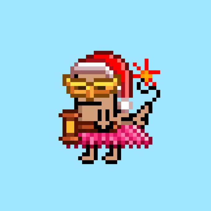 A pixel art CryptoDickbutchick character wearing a Santa hat, yellow sunglasses, and a pink tutu while holding a sparkler, set against a blue background. The festive holiday-themed NFT character is being shown to highlight its current market value of 2.49 ETH ($4,677.49).