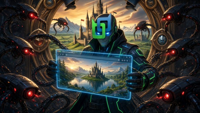 A futuristic sci-fi illustration features a hooded figure in glowing green and black armor with a robotic helmet, holding a transparent holographic screen displaying a fantasy castle. The figure is framed by mechanical tentacles with red glowing eyes, with a magical castle landscape in the background.