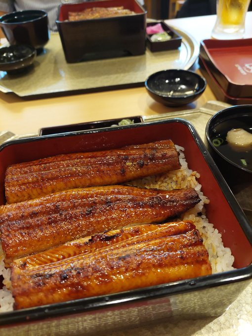 A Japanese meal features a lacquer box filled with white rice and topped with grilled eel (unagi), accompanied by side dishes including miso soup.
