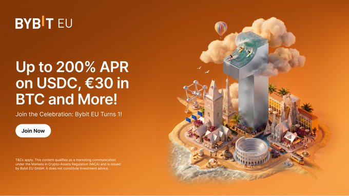 Promotional banner for Bybit EU's 1st anniversary celebration, advertising up to 200% APR on USDC, €30 in BTC, and additional rewards, featuring a stylized 3D illustration of European landmarks with a "1" shaped pool. The image aligns with the Greek post announcing the campaign ending August 16, highlighting the same crypto signup bonuses and cashback offers for new users.