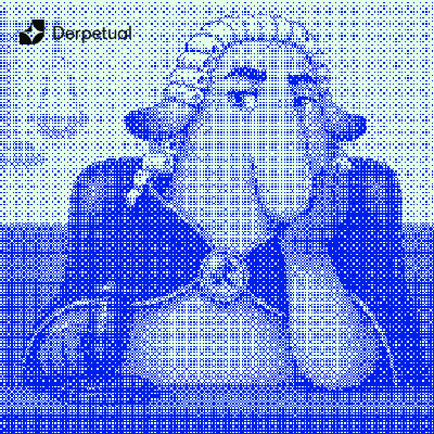 A blue and white halftone-style illustration depicts a classical bust with flowing hair, featuring a 'Derpetual' logo in the upper left corner.