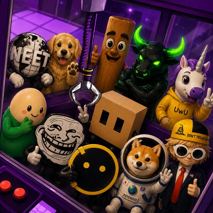 A colorful arcade claw machine filled with various viral internet mascots, memes, and crypto personalities—including a globe labeled "NEET," a Shiba Inu astronaut suit marked "ASTEROID," a "Trollface," a unicorn in a "UwU" hoodie, and a character wearing a "DON'T TREAD ON" cap—visually representing a playful 2026 memecoin tier list lineup.
