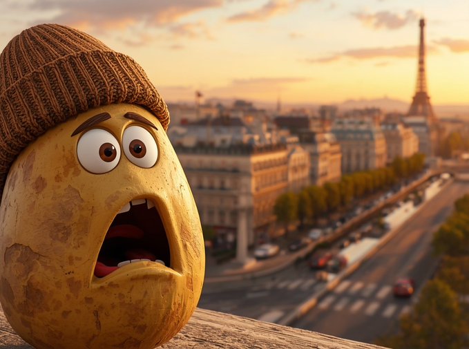 A 3D animated potato-like character wearing a brown beanie, looking shocked with its mouth wide open, with the Eiffel Tower and a Paris cityscape in the background at sunset.