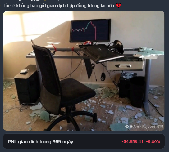 A dark, seemingly vandalized or messy room with a broken glass desk, a chair, and a monitor displaying a stock chart, with a Vietnamese caption and a trading figure showing a loss of '-$4,859,41 -9.00%' for 'PNL giao dịch trong 365 ngày', credited to 'Amir Rajpoot 贸易'.