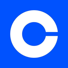 A simple logo design featuring a white letter 'C' with a horizontal line through it on a blue square background, representing the Coinbase logo.