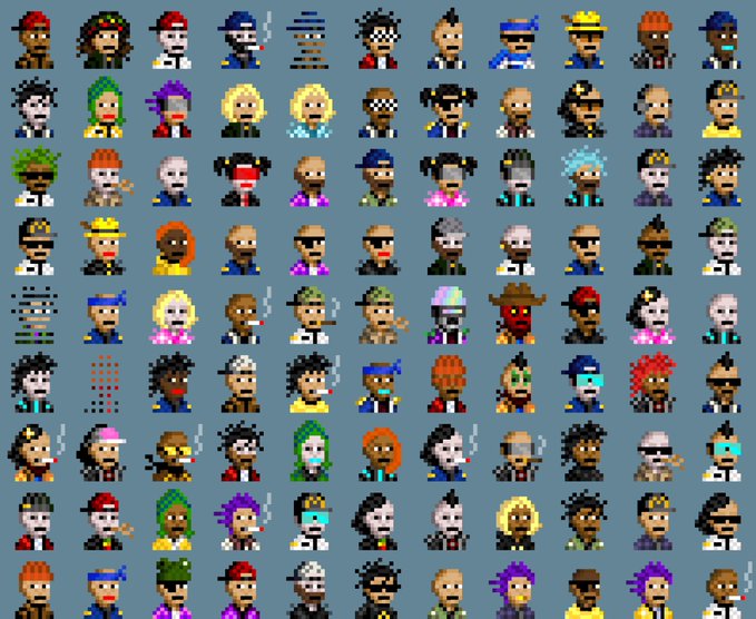 A grid of numerous pixel-art character portraits featuring diverse hairstyles, hats, and facial features on a blue-gray background.