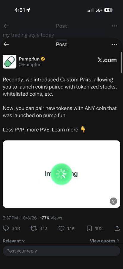 A social media post from 'Pump.fun' (@Pumpfun) stating: 'Recently, we introduced Custom Pairs, allowing you to launch coins paired with tokenized stocks, whitelisted coins, etc. Now, you can pair new tokens with ANY coin that was launched on pump fun. Less PVP, more PVE.'
