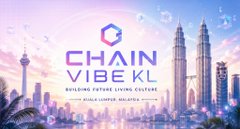 A promotional banner for the 'ChainVibe KL' event, a Web3 future builders gathering in Kuala Lumpur, Malaysia, featuring a city skyline backdrop.