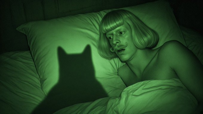 A person wearing a blonde bob wig with bangs and a drawn-on mustache lies in bed, looking at the shadow of a cat cast on the pillow under green-tinted lighting.