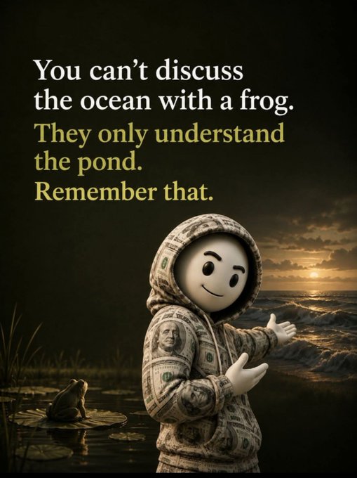 An AI-generated image featuring a figure in a dollar bill hoodie with the text 'You can't discuss the ocean with a frog. They only understand the pond. Remember that.'