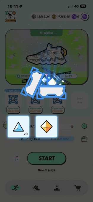 A mobile game screenshot showing a 'Walker' sneaker item at level 29 with assembly icons, a START button, and timer countdown.