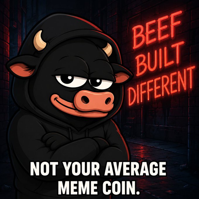 A cartoon meme illustration of a black bull in a hoodie with a smirking expression standing in a neon-lit alley, with neon text reading 'BEEF BUILT DIFFERENT' and a bottom caption 'NOT YOUR AVERAGE MEME COIN.'