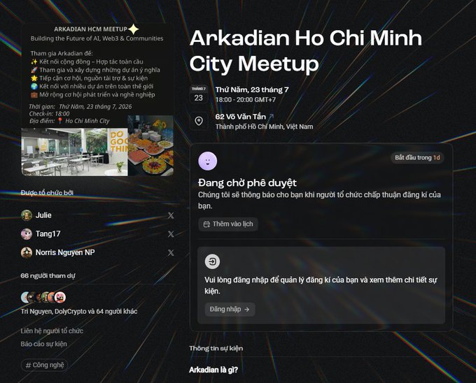 An event page for the 'Arkadian Ho Chi Minh City Meetup' scheduled for Thursday, July 23, 2026, from 18:00-20:00 GMT+7 at 62 Võ Văn Tần, Ho Chi Minh City, Vietnam.
