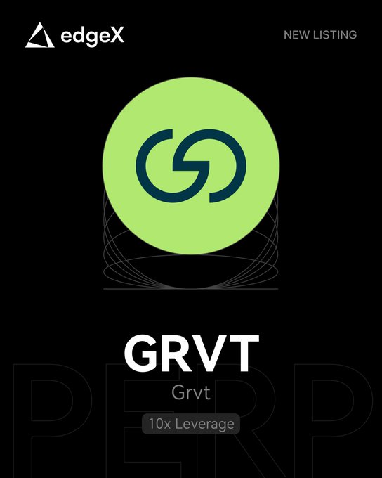 An edgeX new listing screen displays the token 'GRVT' (Grvt) with a '10x Leverage' badge on a black background.