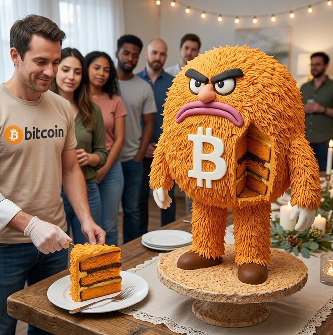 A surreal scene of people gathered around a table where a slice of orange cake is being served, alongside a large orange furry creature with a Bitcoin symbol on its chest and a Bitcoin sticker on a person's shirt.