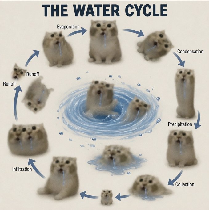 A humorous meme titled 'THE WATER CYCLE' that replaces traditional diagrams with crying kittens depicting stages like Evaporation, Condensation, Precipitation, Collection, Infiltration, and Runoff.