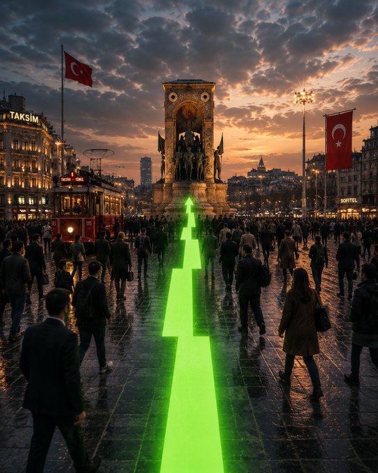 A bustling Taksim Square at sunset features Turkish flags, a historic monument, and a "TAKSIM" sign, while a glowing green arrow points upward through the crowd toward the monument. The luminous arrow visually tracks the "followers" of the market, symbolizing the rising trajectory and the many participants moving with its momentum.