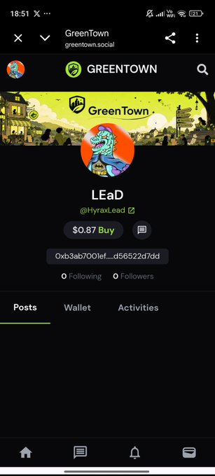 A mobile screenshot of a GreenTown social profile page for a user named 'LEaD' (@HyraxLead), showing 0 following and 0 followers, with a '$0.87 Buy' button visible.