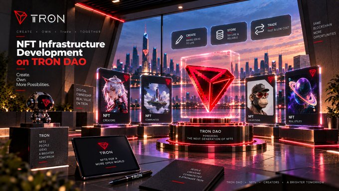 A futuristic promotional graphic for TRON DAO's NFT Infrastructure Development, featuring a glowing red TRON diamond logo and various NFT categories against a cyberpunk cityscape.