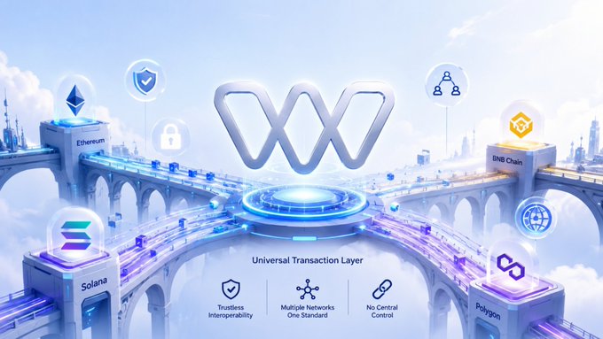 A futuristic digital illustration depicting a 'Universal Transaction Layer' concept, showing interconnected blockchain bridges between Ethereum, BNB Chain, Solana, and Polygon with features including 'Trustless Interoperability', 'Multiple Networks One Standard', and 'No Central Control'.