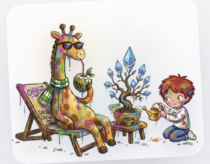 A colorful NFT-style illustration of a paint-splattered giraffe wearing sunglasses and a 'CHILLZ' scarf sitting in a deck chair, while a boy waters a crystal tree labeled 'CRYSTAL TREE' and 'GROW.'
