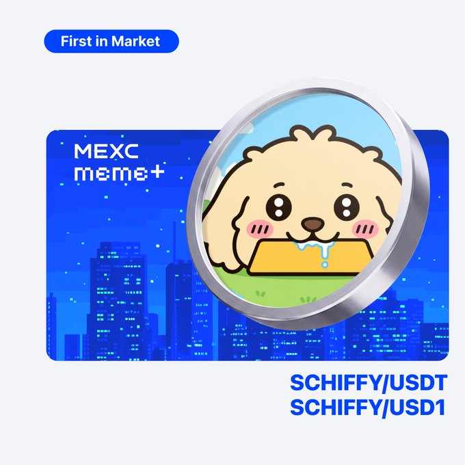 A promotional graphic announcing SCHIFFY as the "First in Market" listing on MEXC Meme+, featuring a cartoon dog mascot with drool holding a gold bar against a blue cityscape, with trading pairs SCHIFFY/USDT and SCHIFFY/USD1 displayed below.