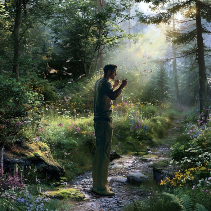 A digital artwork depicts a man in dark clothing standing on a forest path, releasing a flock of small birds into the sunlight that filters through the dense trees and colorful wildflowers.