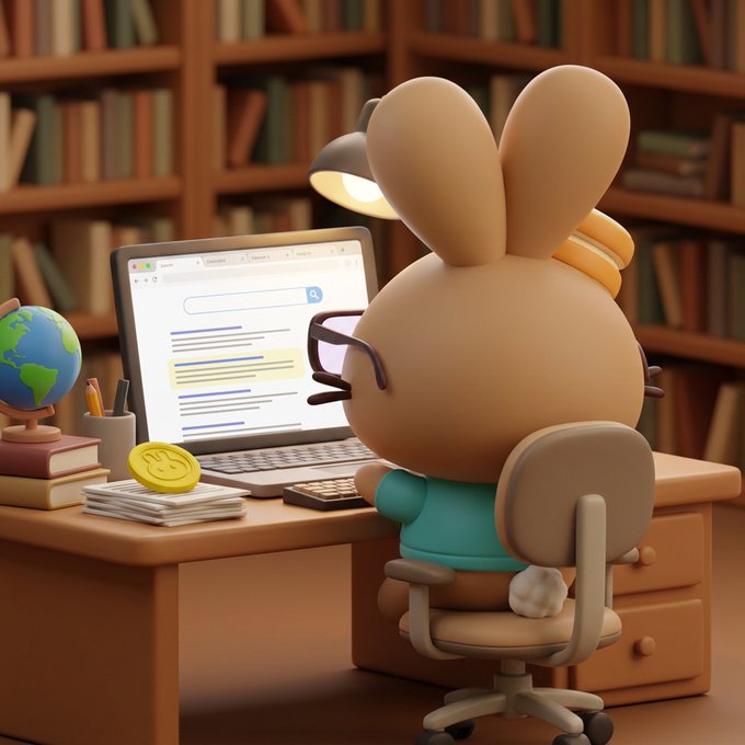 A 3D-rendered cartoon bunny wearing glasses sits at a desk in a library, looking up "pancakeswap.finance/stocks" on a laptop. The image visually reinforces the post's playful hint to research a mystery stock by searching PancakeSwap's stocks page.