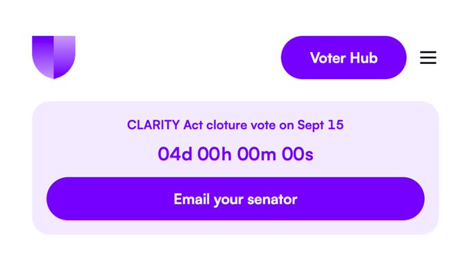 The image displays a countdown banner showing "04d 00h 00m 00s" remaining until the "CLARITY Act cloture vote on Sept 15," featuring an "Email your senator" call-to-action button alongside a "Voter Hub" navigation element, visually reinforcing the post's urgent appeal for constituent action as the Senate approaches its critical procedural vote on cryptocurrency legislation.