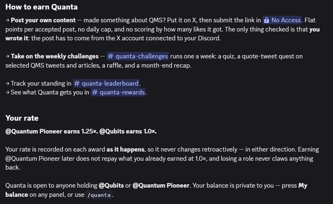 An informational text panel titled 'How to earn Quanta' detailing rates for @Quantum Pioneer (1.25×) and @Qubits (1.0×) within the Quanta system.