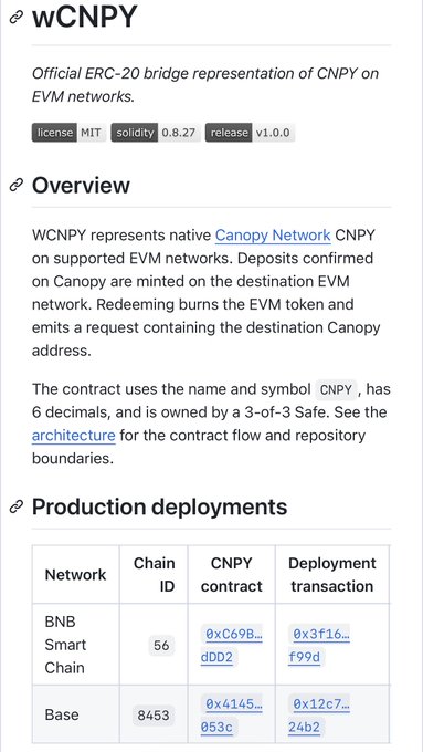 Documentation page for wCNPY, an official ERC-20 bridge representation of Canopy Network (CNPY) on EVM networks, listing deployments on BNB Smart Chain (Chain ID 56) and Base (Chain ID 8453).