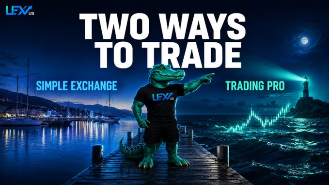 A promotional banner for "LFX.US" featuring a person in a dinosaur mascot costume, with the text "TWO WAYS TO TRADE" above "SIMPLE EXCHANGE" and "TRADING PRO".