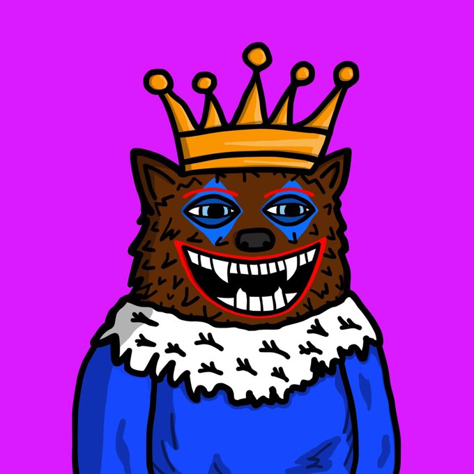 A cartoon illustration of a wolf-like creature wearing a gold crown, blue and red face paint with fanged smile, and a blue royal robe with white fur collar against a purple background.