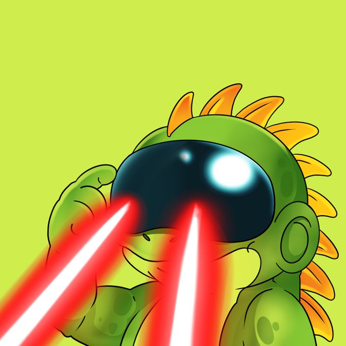 Digital illustration of a green cartoon character with yellow/orange spiked hair wearing a black space helmet, shooting red laser beams from its eyes against a lime green background.