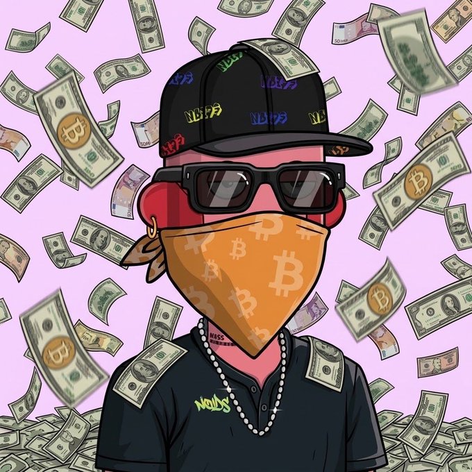 A stylized cartoon figure wears a black cap, sunglasses, and an orange bandana featuring the Bitcoin logo, surrounded by falling dollar bills, some stamped with Bitcoin symbols. The caption "gm nfts" pairs with the image's flaunting of crypto wealth and streetwear aesthetics, embodying the playful, money-driven culture synonymous with the crypto/NFT community.