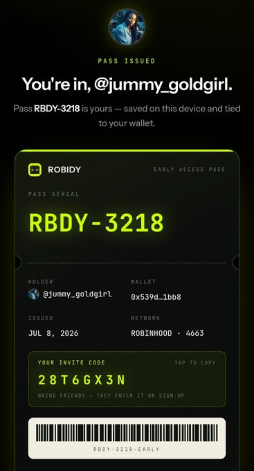 An early access pass for ROBIDY issued to @jummy_goldgirl1, with pass serial RBDY-3218 and invite code 28T6GX3N.