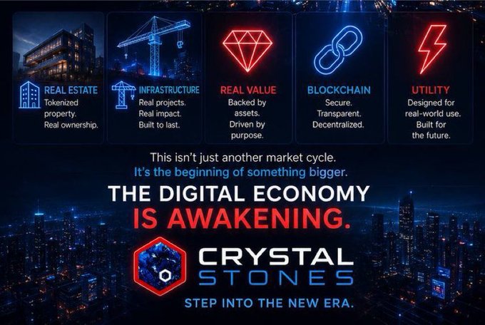 A promotional advertisement for 'CRYSTAL STONES' titled 'THE DIGITAL ECONOMY IS AWAKENING', featuring icons for Real Estate, Infrastructure, Real Value, Blockchain, and Utility.