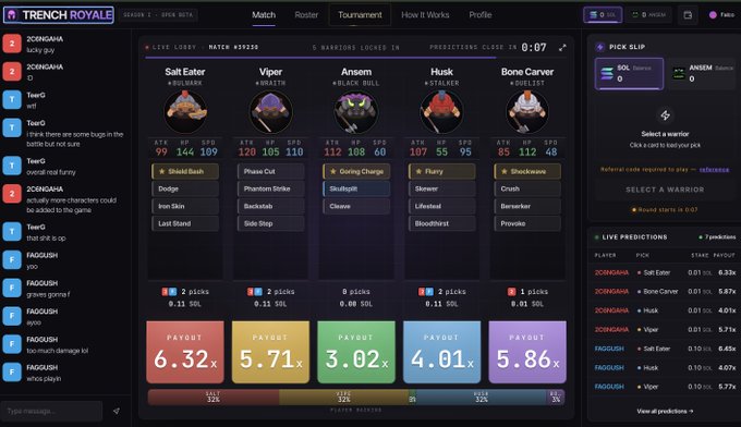 A screenshot of the TRENCH ROYALE lobby showing a Warriors lobby with players Salt Eater, Viper, Ansem, Husk, and Bone Carver, with chat predictions on the left and payout odds at the bottom.