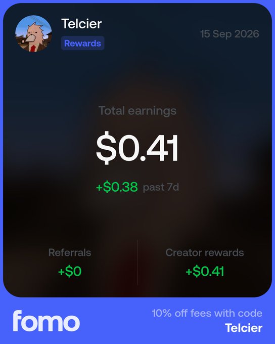 A screenshot shows an account dashboard for 'Telcier' on the 'fomo' platform dated 15 Sep 2026, displaying total earnings of $0.41 with +$0.38 in the past 7d, and a promo code 'Telcier' offering 10% off fees.