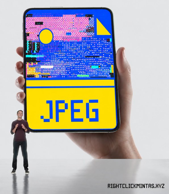 A promotional image showing a hand holding a large smartphone displaying a glitchy JPEG graphic with the text ".JPEG", while a man in a maroon shirt stands beside it; the watermark "RIGHTCLICKMINTAS.XYZ" appears in the bottom right.